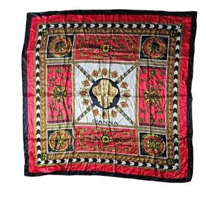 VTG Gianna Italy Silk Scarf Baroque Medusa Head Red Black Gold Square Designer